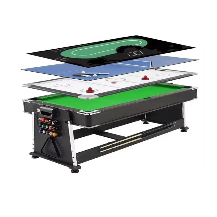 שולחן סנוקר משולב 5 ב -1 איכותי 250608 בגודל 7 פיט, בעל 5 מצבים בצבע שחור בד ירוק