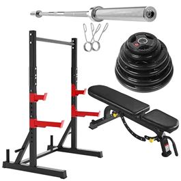 חבילת חדר כושר - חצי כלוב משקולות 101689 עם מוט אולימפי ופלטות משקולות צלחת, כולל ספת כושר מבית CITYSPORT