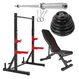 חבילת חדר כושר - חצי כלוב משקולות 101689 עם מוט אולימפי ופלטות משקולות צלחת, כולל ספת כושר מבית CITYSPORT